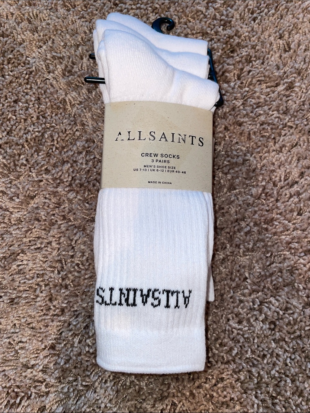 NWT AllSaints White Crew Socks with Black Logo - 3 Pack
